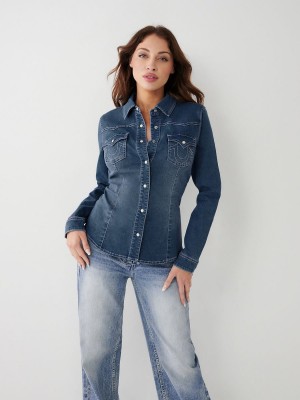 Chemises True Religion Western Denim Bleu Foncé Lavage | VQ9526703