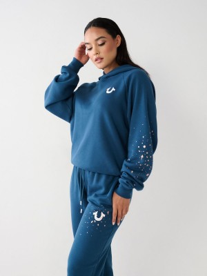 Sweat a Capuche True Religion Splatter Paint Logo Relaxed Bleu | YV8324175