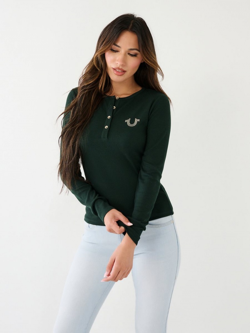 Chemises True Religion Crystal Horseshoe Logo Henley Noir Vert | YB4062735