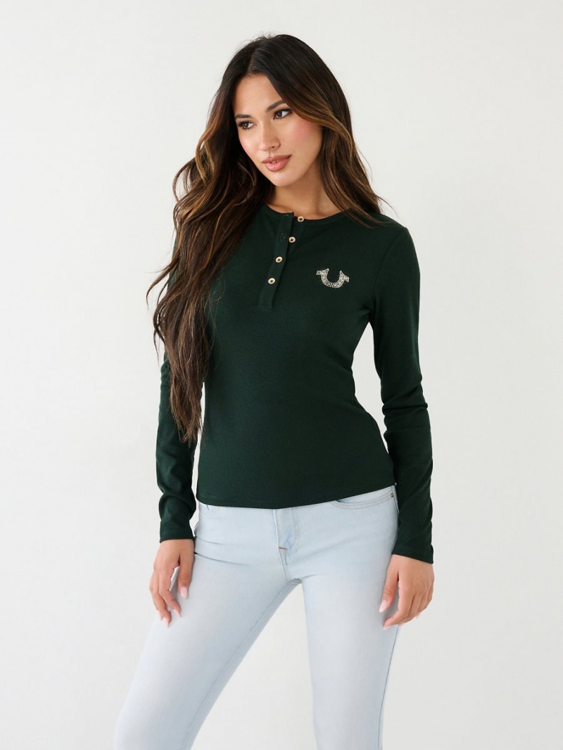 Chemises True Religion Crystal Horseshoe Logo Henley Noir Vert | YB4062735