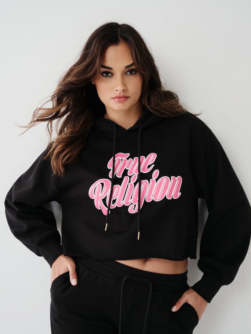 Sweat a Capuche True Religion Logo Crop Noir | QK4693270