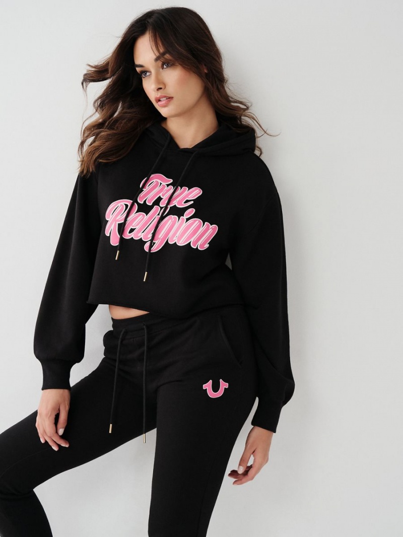 Sweat a Capuche True Religion Logo Crop Noir | QK4693270